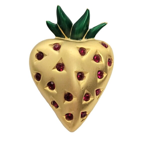 Givenchy Gold-Tone Red Rhinestone Green Enamel Leaf Strawberry Brooch, Signed - Picture 9 of 9